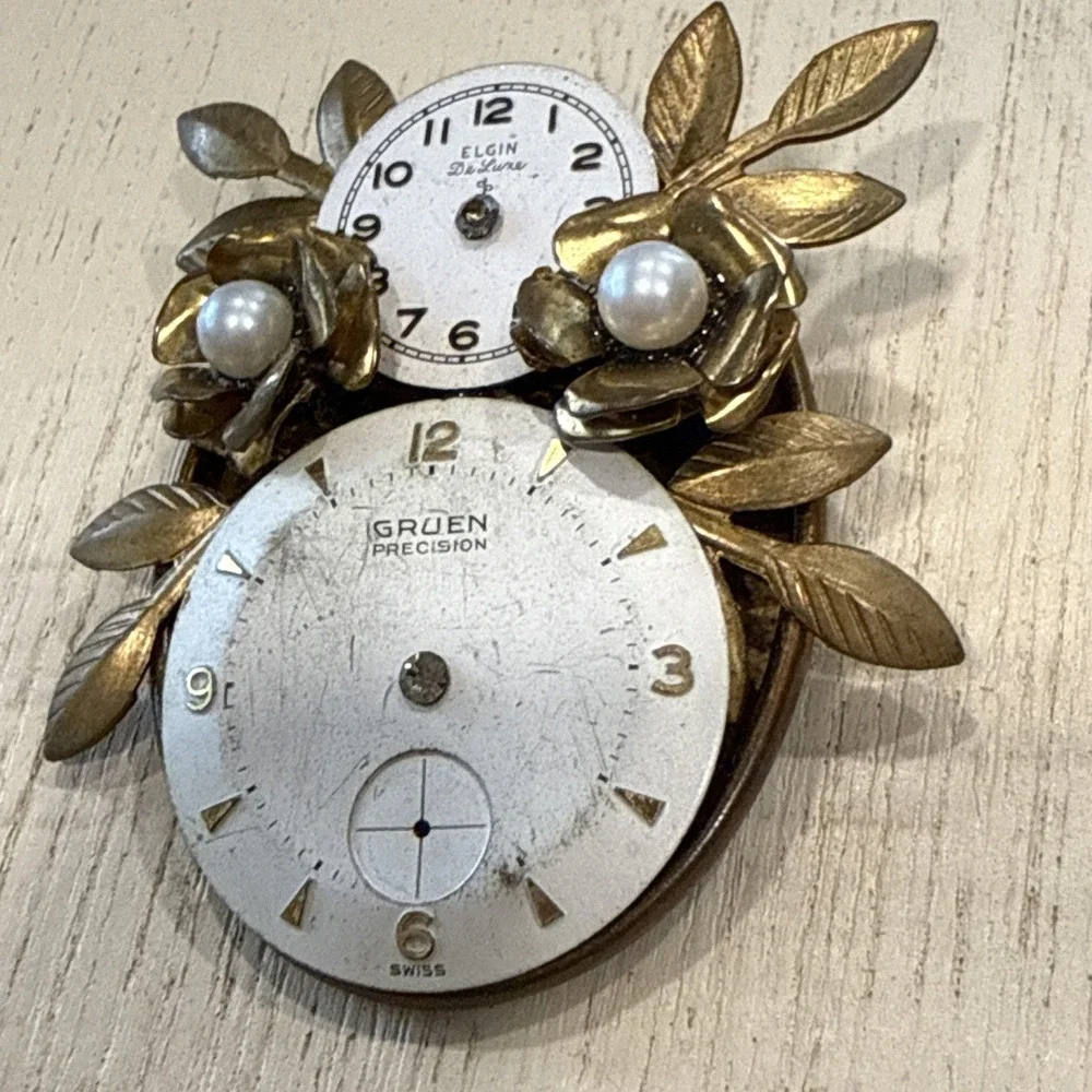 Vintage Handmade‎ Watch Face & Parts Brooch Pin One Of A Kind
